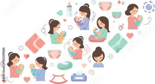 Mother Feeding Baby Collection with Women Nursing Holding and Caring for Newborn Infants with Parenting Elements Cartoon Vector Illustration Style.