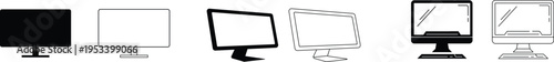 Collection of computer monitors, flat screen displays in silhouette and outline, modern technology screens, isolated on transparent background