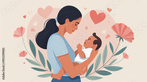 Loving mother holding baby surrounded by flowers and hearts symbolizing love and care in a warm tender moment