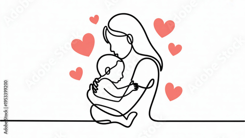 Mother tenderly holding and breastfeeding newborn baby with hearts around them