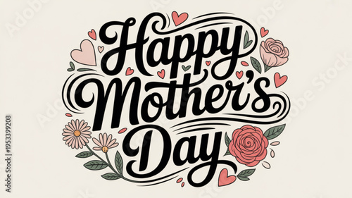 Happy mother's day greeting with floral design and hearts on beige background