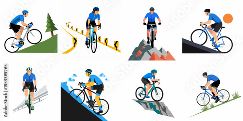 Set of eight flat vector illustrations depicting various cyclists riding on different terrains, like mountain trails, winding roads, and steep hills.