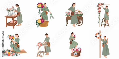 Collection of illustrations featuring a professional female florist arranging various flowers and bouquets in a stylish, minimalist flat design style.