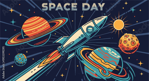 Vibrant rocket ship blasts off into colorful galaxy with planets and stars space exploration theme