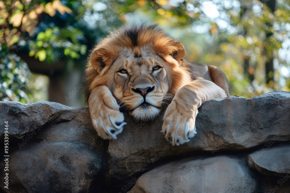 Fototapeta premium Male lion resting on rock looking forward