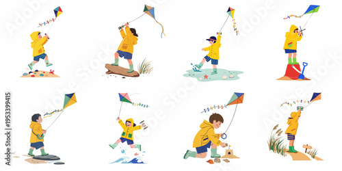 Vector Illustration Set of Children in Yellow Raincoats Playing with Kites and Exploring the Beach in Windy Weather