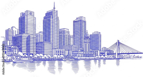 Cityscape drawing of modern skyscrapers and bridge over water.