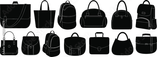 Assortment of Black Silhouettes of Bags and Backpacks on White Background handbag satchel