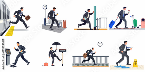 Set of flat vector illustrations depicting a businessman in various commuting and travel scenarios at train stations and airports.