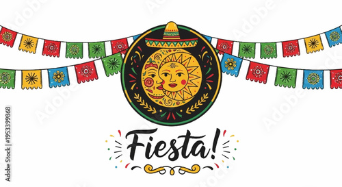 Vibrant fiesta celebration banner with colorful flags and embellished sun symbol on white background