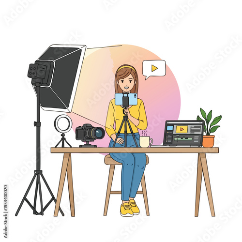 Woman at desk with recording equipment, laptop, and plant, creating content