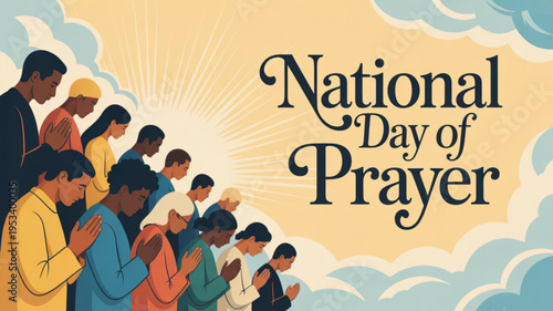 Diverse group of people praying together on national day of prayer with cloudy sky background