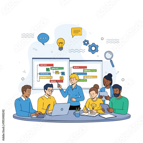 Diverse team collaborates on project Gantt chart, brainstorming with whiteboard