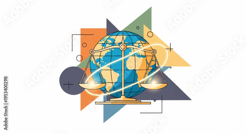 Justice scales balancing globe with colorful geometric shapes background