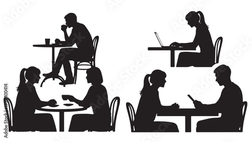 Set of 4 people sitting at tables vector silhouettes