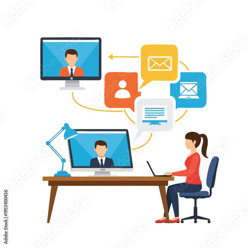 Woman at desk connects with others via online communication messages, emails, video