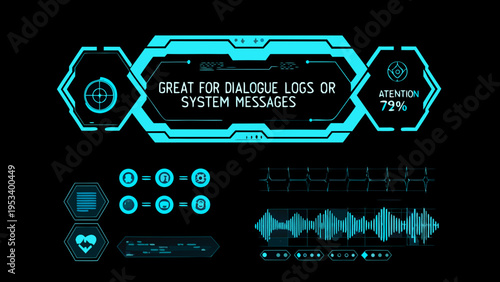 Futuristic user interface elements with glowing cyan accents and text