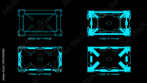 Blueprint designs of futuristic glowing cyan frames with technical labels