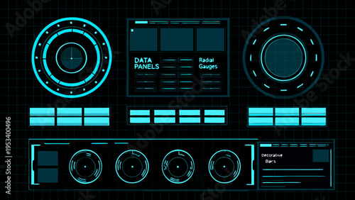 Futuristic interface display with radial gauges and data panels on a grid