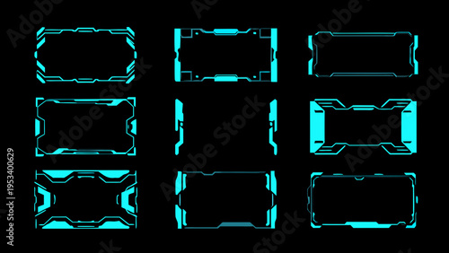 Futuristic cyan frames and borders arranged in a grid pattern