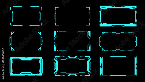 Collection of nine futuristic glowing cyan frames on a black background