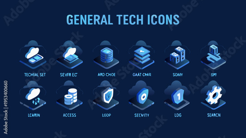 Isometric technology icons in shades of blue on a dark background