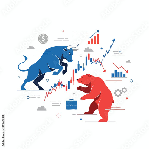 Bull charges up, bear goes down; market trends depicted with graphs, charts, and finance symbols