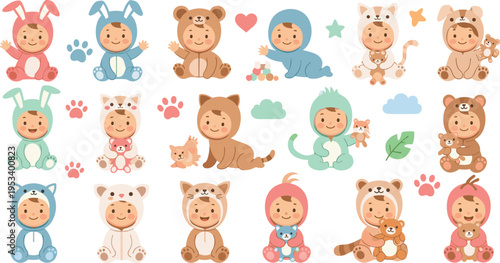 Cute Babies in Animal Costumes Collection with Newborn Infants Wearing Bunny Bear Cat and Dinosaur Outfits Cartoon Vector Illustration Style.
