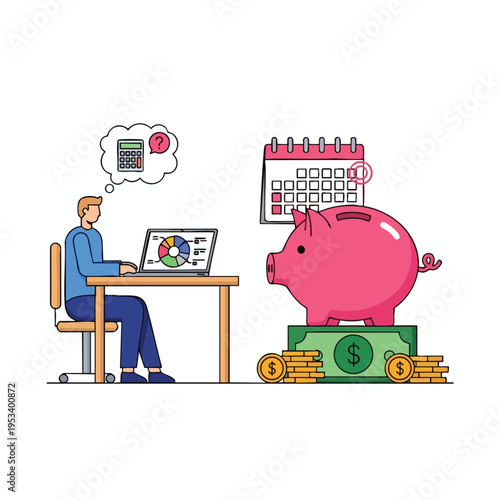 Person contemplating finances with laptop, piggy bank, calendar, and calculator