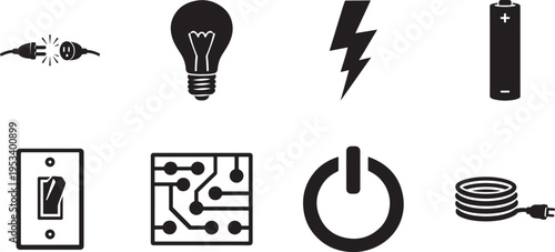 Electric socket and plug icon set for power supply, energy connection and electrical system use