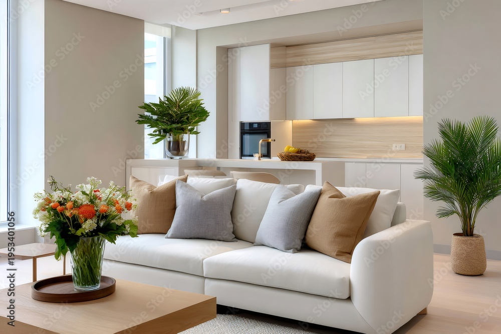 Fototapeta premium Modern open plan living room kitchen interior
