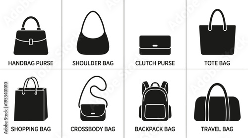 Bag Icons: Black and White Handbag Labels for Fashion Design
