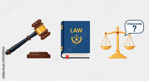 Law book gavel and justice scales icons for legal law and justice concepts with question mark