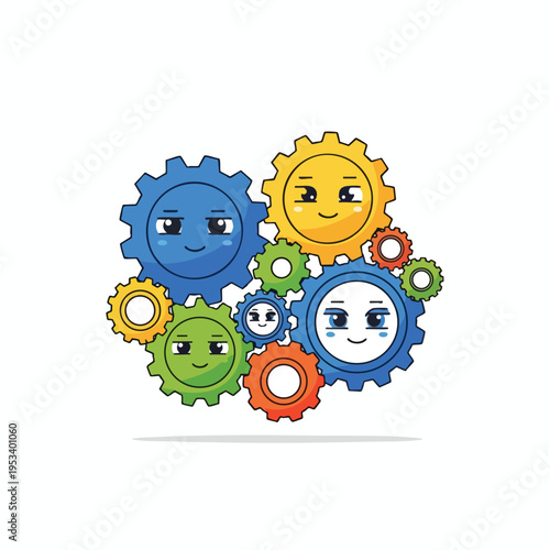 Playful, anthropomorphic gears in a colorful cluster with distinct facial expressions