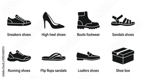 Footwear Icons: Black and White Shoe Labels for Fashion Design