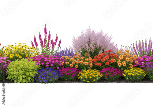 A vibrant garden bed featuring a diverse collection of colorful blooming flowers and green shrubs
