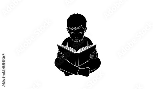 Small Child Reading Book Vector Silhouette Illustration Highlighting Education, Imagination, and Learning