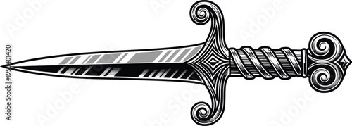 vintage dagger engraving illustration, antique sword weapon design, detailed hand drawn blade, medieval style ornament, black and white, tattoo art, isolated background