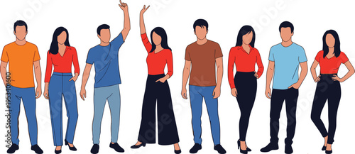 people, characters, standing, casual, fashion, men, women, outfit, modern, group, lifestyle, stylish, illustration, vector, isolated, white background, collection, urban, design, diverse