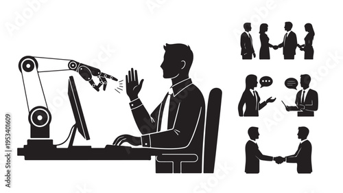 Set of 7 business and robot interaction icons vector