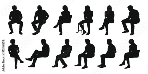 Collection of seated male and female silhouettes in different poses on white background people sitting