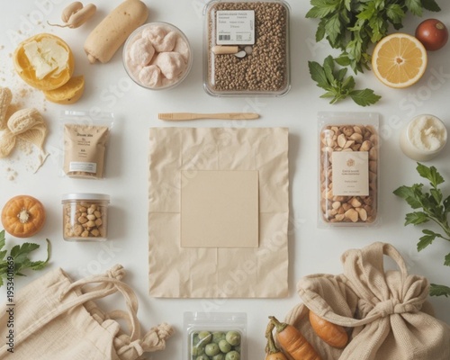 Top view flat lay of an eco-friendly zero waste lifestyle kit featuring reusable and sustainable household items.