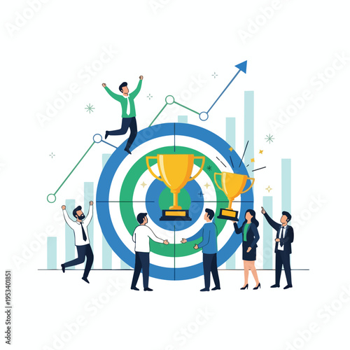 Success! Team celebrates winning trophies with upward trend graph and target