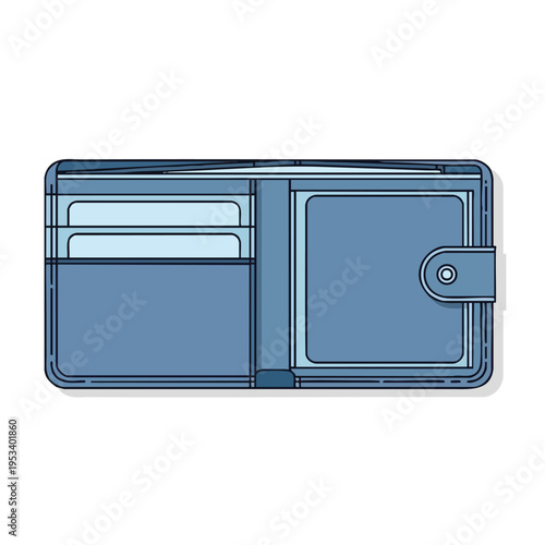 A blue, open wallet with card slots and a button closure, isolated on white