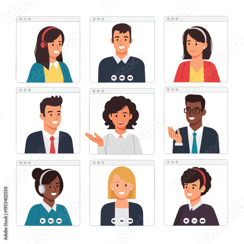 Nine people appear in separate video call windows, smiling