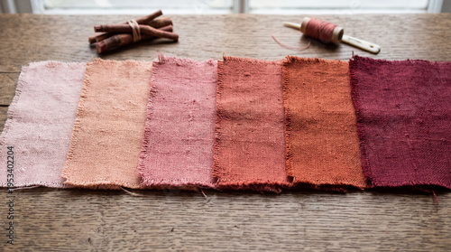 Fabric samples dyed with madder root pink and red