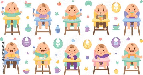Cute Baby Feeding in High Chair Collection with Newborn Infants Eating Drinking and Playing with Food in Cartoon Vector Illustration Style.