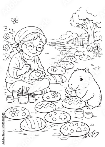 coloring book page grandmother painting colorful treats while a capybara watches by her side