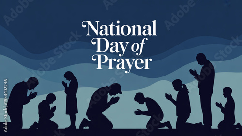 People in prayer on national day of prayer silhouettes against a blue background with wavy lines