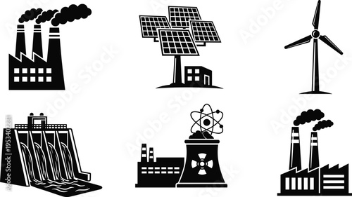Energy power plant silhouettes, renewable and nonrenewable sources, electricity generation icons, industrial energy vector art, sustainable power technology illustration